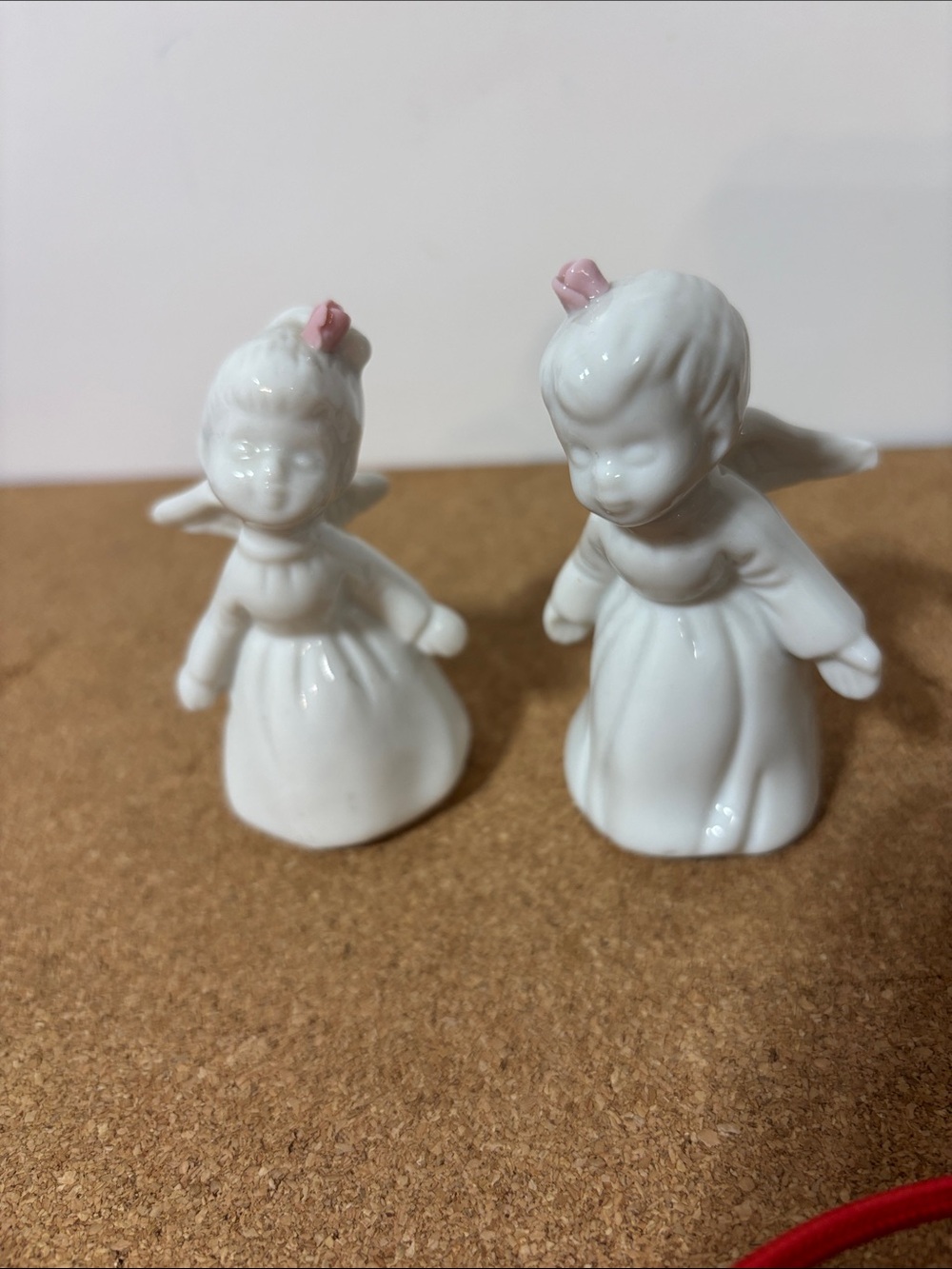 Vintage White Ceramic Angel Figurines with Pink Accents - Set of 2 3”